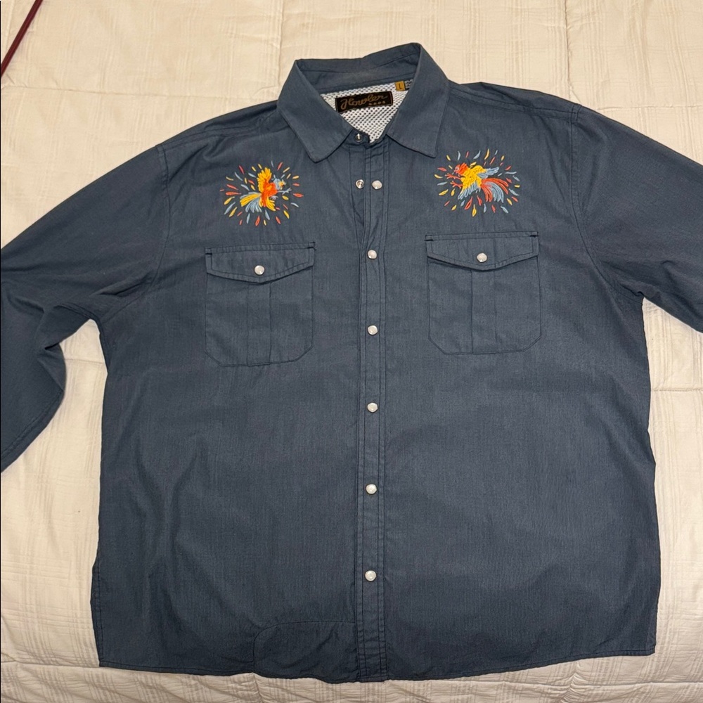 Howler Brothers Blue Casual Button Down Shirt with Colorful Embroidery
